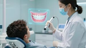 Стоматолог с лазерным инструментом демонстрирует этапы контурной пластики десны на 3D-модели улыбки